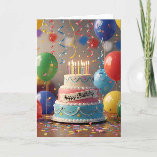 Colorful Celebration Cake & Balloons Birthday Card Kort (Framsida)