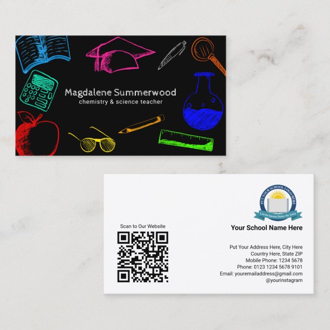 Colorful Chalk Stil School Teacher på Black Visitkort (Fram/baksida)