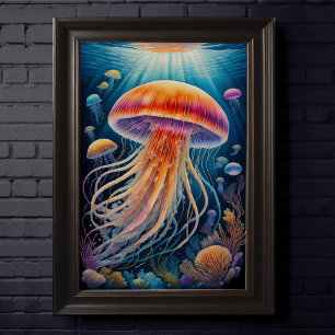 Colorful Chalk Teckning Jellyfish Poster