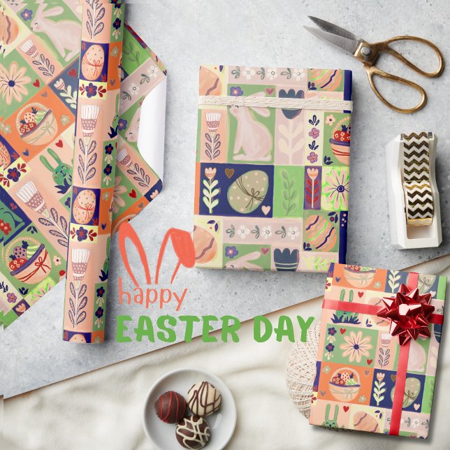 Colorful Cheerful Rosa Grönt Bunny Presentpapper (Colorful Cheerful Pink Green Bunny Wrapping Pape)