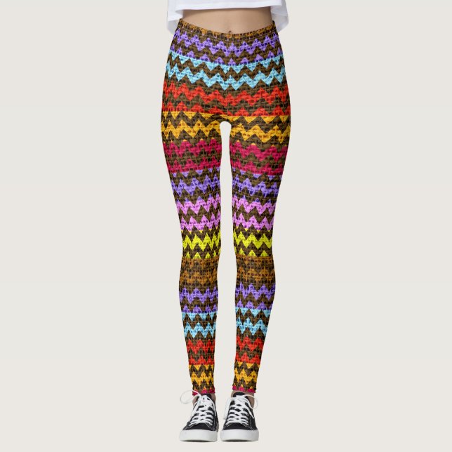 Colorful Chevron Mönster Burlap-utseende #9 Leggings (Framsida)