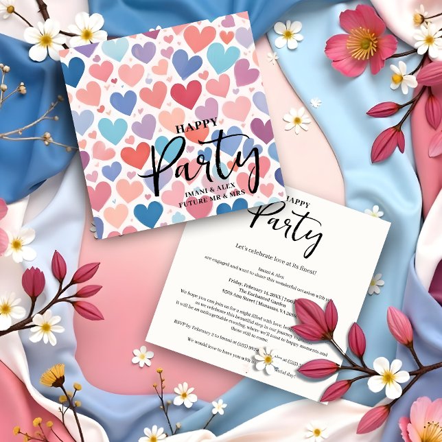 Colorful Chic Charming Scattered Hearts Engagement Inbjudningar (Colorful Chic & Charming Scattered Hearts Engagement Party Invitations Cards.)