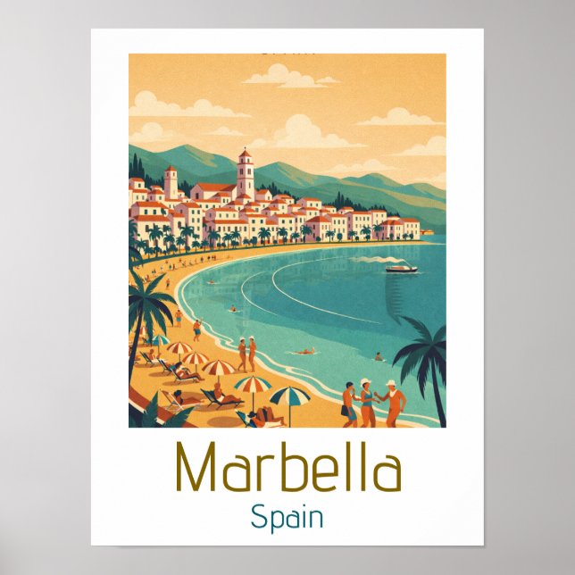 Colorful Classic Marbella Spain Travel Elegant Art Poster (Framsidan)