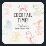 Colorful Cocktail Party Retro Bachelorette EnUtvec Fyrkantigt Klistermärke<br><div class="desc">Skål! Den här moderna, inspirerade cocktail-dekorationen party i mitten av århundradet har färgstarka händer som håller klassiska cocktails, vilket gör att du får en aning vintage charm till firande. Perfekt för en sofistikerad högtalande stil-sammankomst eller en timma före lycklig, den här utformningen gör det möjligt för gästerna att samla ett...</div>