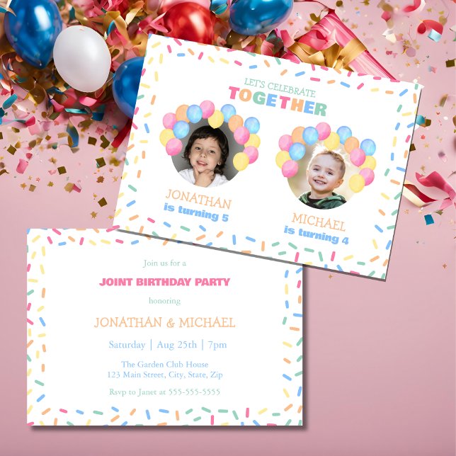Colorful Confetti Balloon Photo Dual Birthday Inbjudningar (Skapare uppladdad)