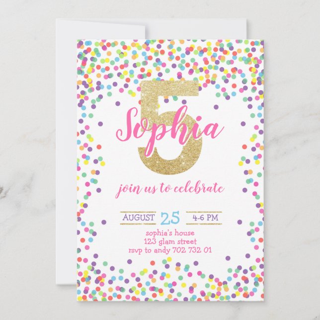 Colorful Confetti Guld Rainbow Girl 5th Birthday Inbjudningar (Framsida)