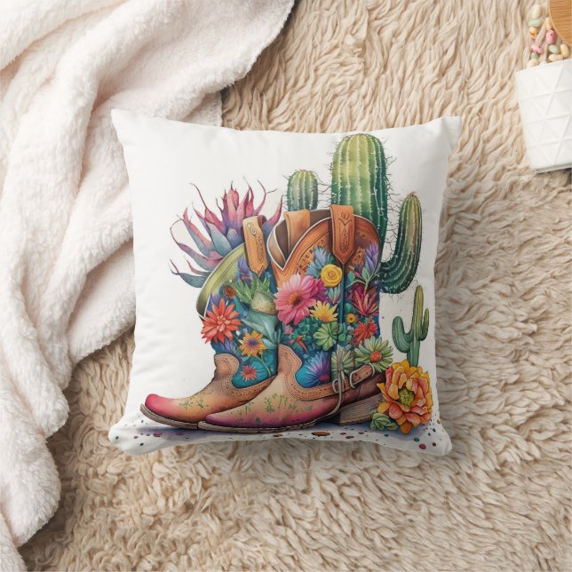 Colorful Cowgirl Boots and Cactus Kudde (Filt)