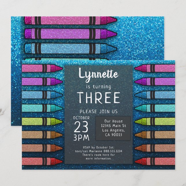 Colorful Crayon Rainbow Glitter art First Birthday Inbjudningar (Fram/baksida)