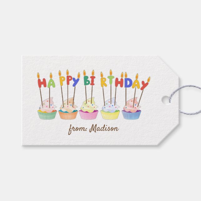 Colorful Cupcakes And Candles Happy Birthday Presentetikett (Framsidan (Horisontell))