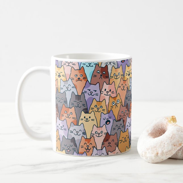 Colorful Cute Cat Crowd Pattern Whimsical Cat Face Kaffemugg (Med munk)