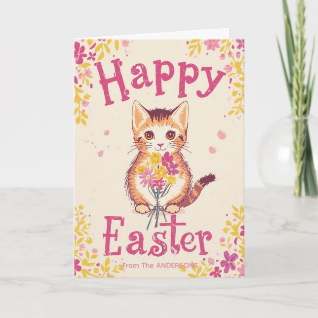 Colorful Cute Cat Easter, Personalized Easter  Helgkort (Framsida)
