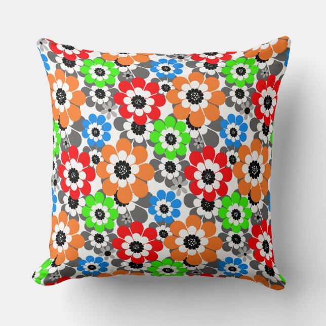 Colorful Daisy flowers Red Blue Green Retro Kudde (Framsida)