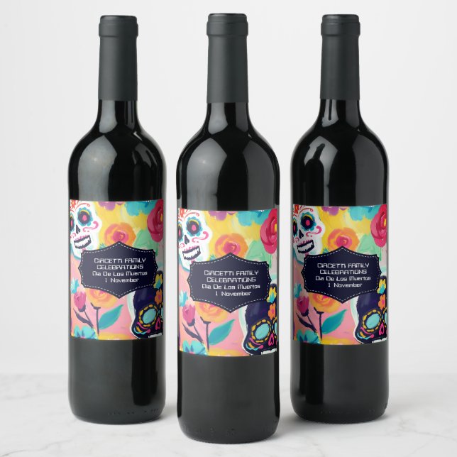 Colorful Dia De Los Muertos sockerskalle Vinflaska Etikett (Flaskor)