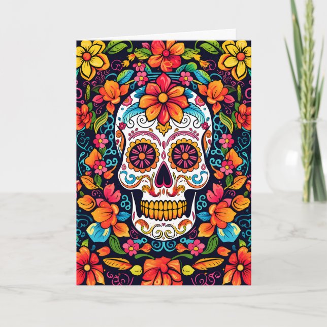 Colorful Dia de Muertos ☠️ Sugar Skull Helgkort (Framsida)
