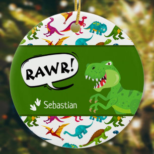 Colorful Dinosaur Mönster w Namn T-Rex jul Julgransprydnad Keramik