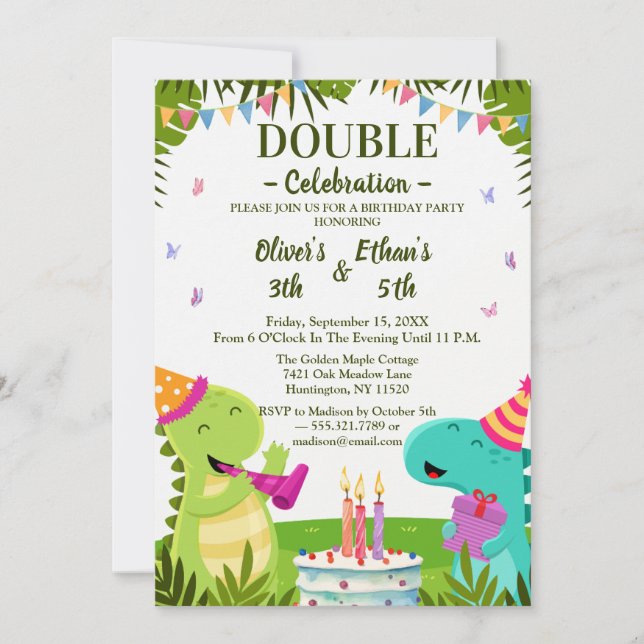 Colorful Dinosaurs Kids Joint Birthday Invitation Inbjudningar (Framsida)