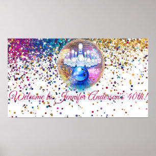 Colorful Disco Bowling 1985 40 Birthday Party Poster