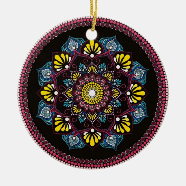 Colorful Dot Art Mandala | Helig Geometry Boho Julgransprydnad Keramik (Framsidan)