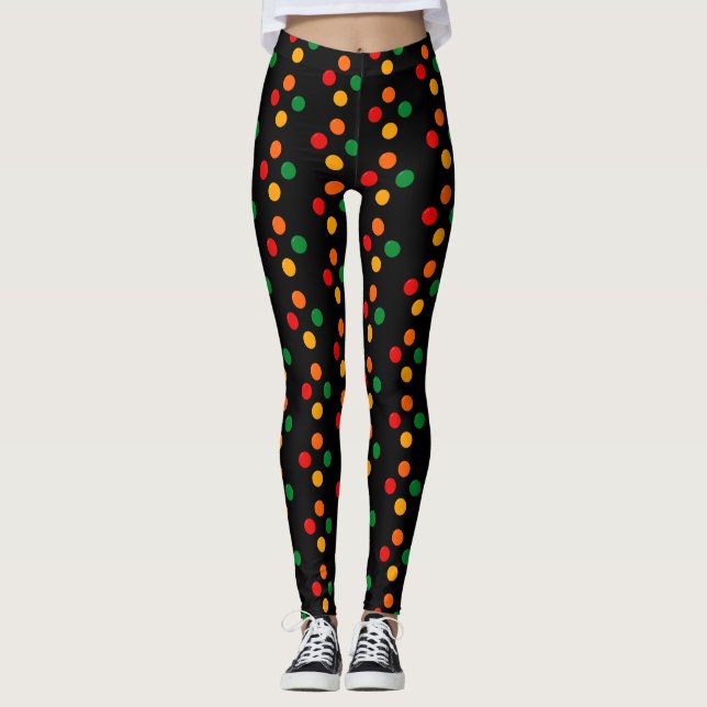 Colorful Dots on Black Mid Century Modern Retro Leggings (Framsida)