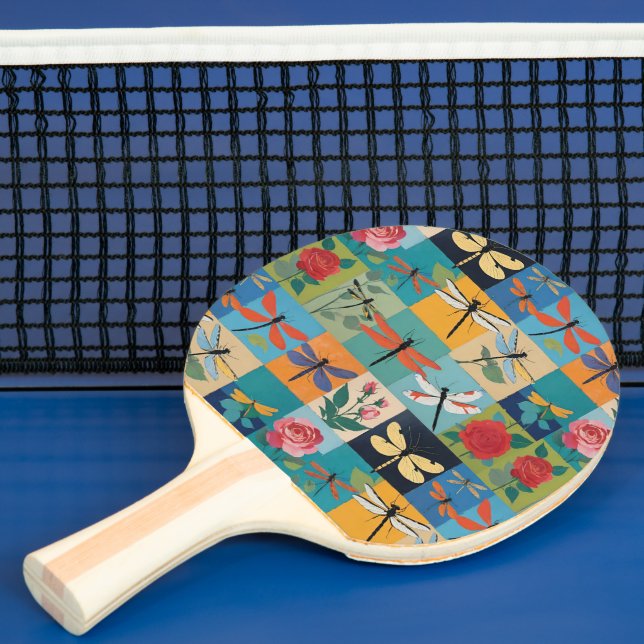 Colorful Dragonflies And Roses Patchwork Pingisracket (Insitu)