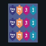 Colorful Dreidels: the Jewish Holiday of Hanukkah Helg Vykort<br><div class="desc">Cute and cheerful dreidels with the Hebrew letters nun, gimmel, hey, and shin for the celebrations of the Jewish holiday of Hanukkah. Traditionally, during the holiday of Chanukah, children (and often adults) play a safe-hazard game with a dreidel (or sevivon in modern Hebrew). On the four walls there are the...</div>