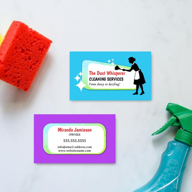 Colorful Dusting Maid Professional Cleaning Busine Visitkort (Colorful and retro dusting maid professional cleaning business card front and back.)