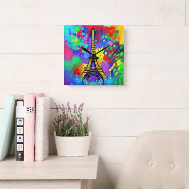 Colorful Eiffel painting Fyrkantig Klocka (Läsesal)