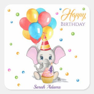 Colorful Elephant Tecknad Barns födelsedag Fyrkantigt Klistermärke