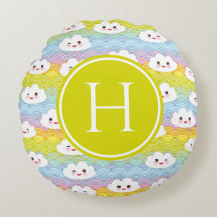 Colorful Emoji Kawaii Clouds Mönster Monogram Rund Kudde