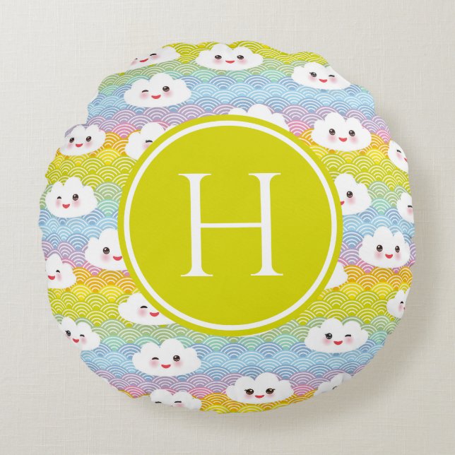 Colorful Emoji Kawaii Clouds Mönster Monogram Rund Kudde (Framsidan)