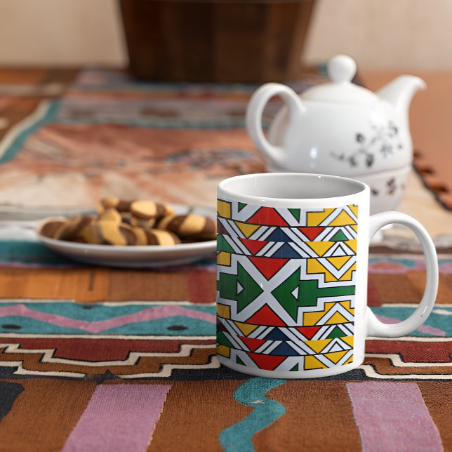 Colorful Ethnic African Tribal Geometric Drinkware Kaffemugg (Colorful Ethnic African Tribal Geometric Coffee Mug On Top Of Table Runner With Cookies Backdrop)