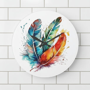 Colorful feathers Native American water color Stor Klocka
