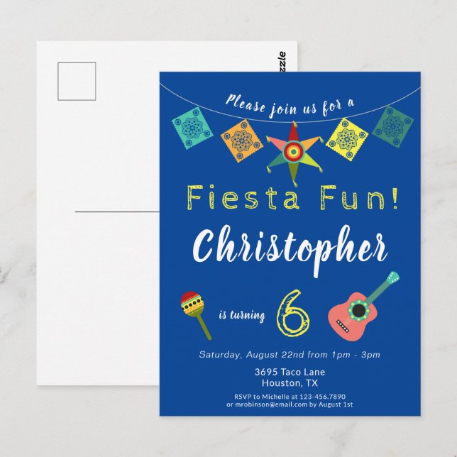 Colorful Fiesta Boys Födelsedagsfest inbjudan (Fram/baksida)