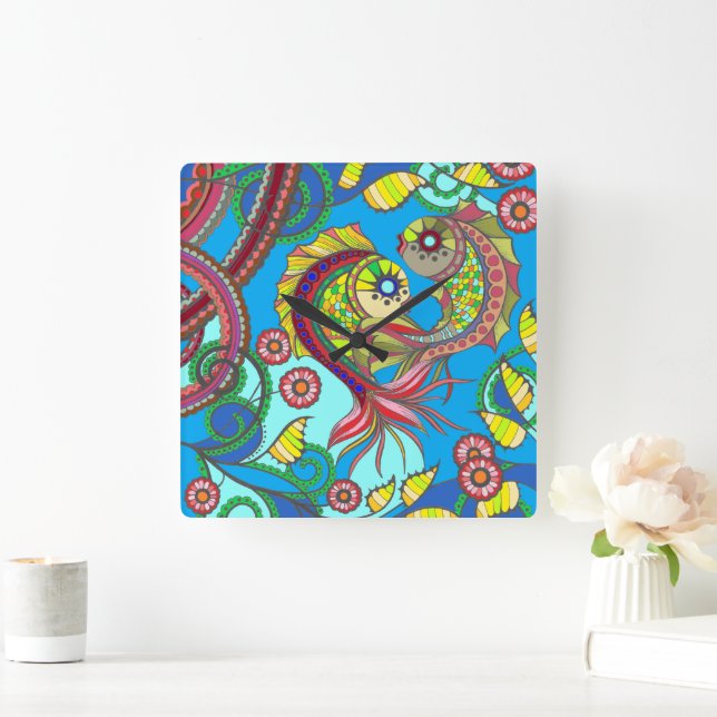Colorful Fish & Floral Wall Clock Fyrkantig Klocka (Hem)