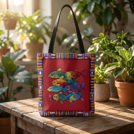 Colorful Fish Tote Bag with Vibrant Art and Tribal Tygkasse