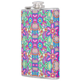 Colorful flask with vibrant, symmetrical floral  fickplunta