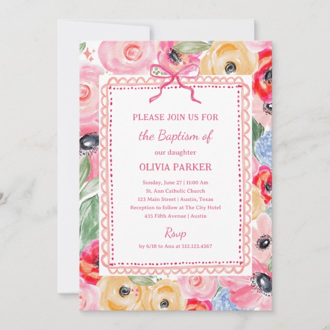 Colorful Floral Baptism | Whimsical Frame and Bow Inbjudningar (Framsida)