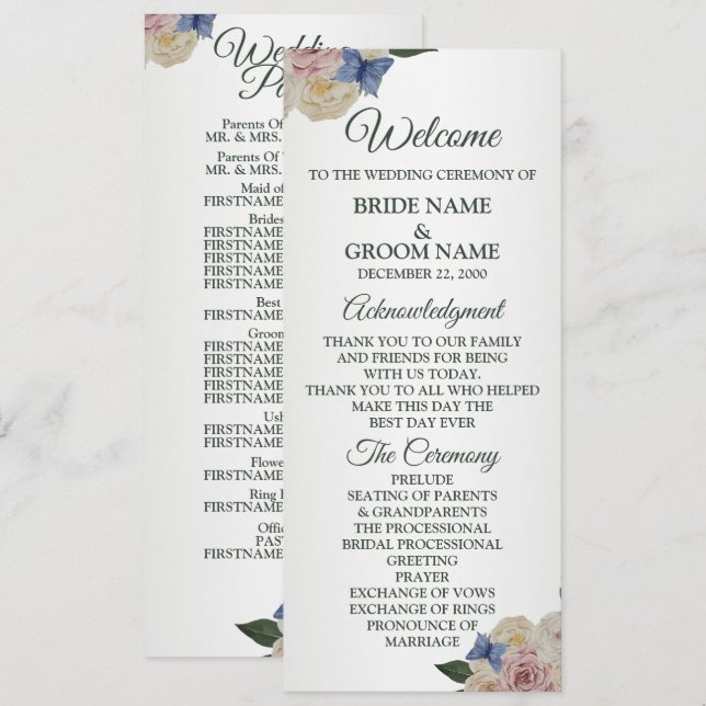 Colorful Floral Blue Butterfly Green Wedding  Program (Fram/baksida)