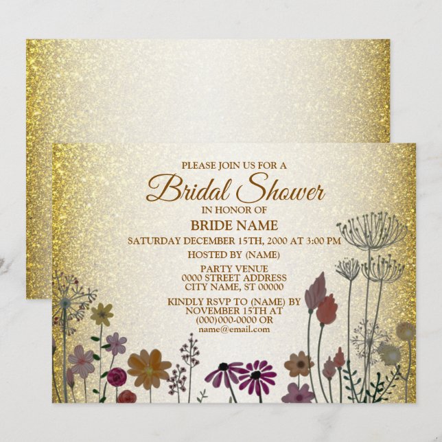 Colorful Floral Garden Gold Glitter Bridal Shower Inbjudningar (Fram/baksida)