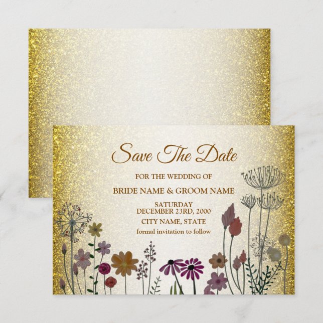 Colorful Floral Garden Golden Glitter Wedding Spara Datumet (Fram/baksida)