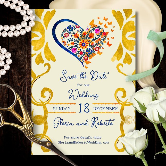 Colorful Floral Heart Baroque Mexican Wedding Spara Datumet (Vibrant floral heart with golden Baroque scrolls in rich cobalt and marigold tones.)
