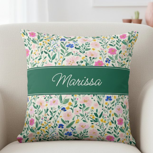 Colorful Floral Personalized Throw Pillow Kudde (fun colorful floral garden throw pillow with monogram name in elegant calligraphy script)