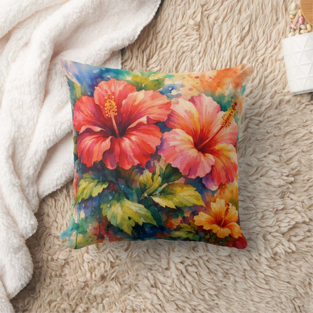 Colorful Floral Watercolor Style Hibiscus Art Kudde (Filt)