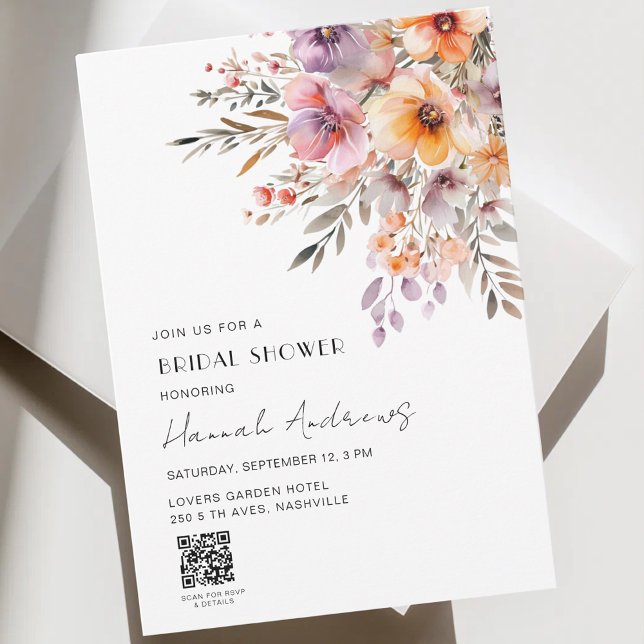 Colorful Flower Bouquet QR Code Bridal Shower Inbjudningar (Colorful Flower Bouquet QR Code Bridal Shower Invitation)