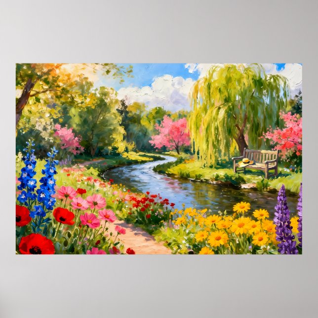 Colorful Flower Garden River Spring Landscape Art Poster (Framsidan)