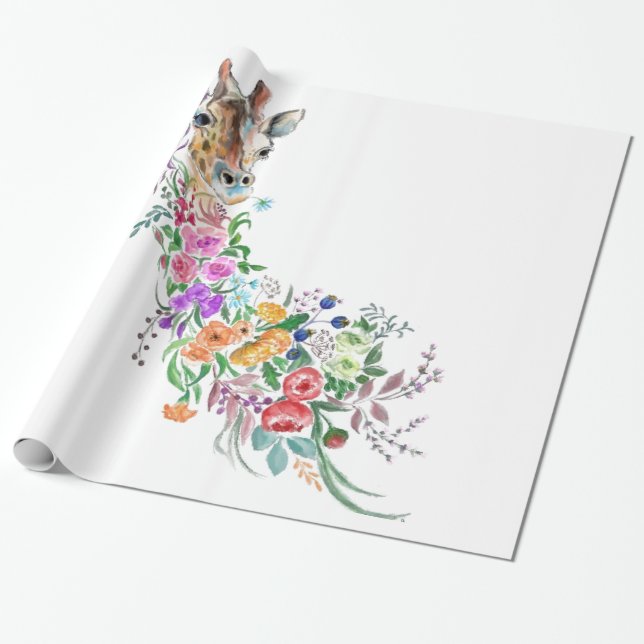 Colorful Flowers Bouquet Giraffe - Teckning Modern Presentpapper (Utrullad)