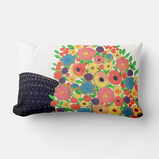 Colorful Flowers Bouquet i Black Boho Vas Lumbarkudde (Framsida)