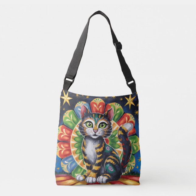 Colorful Folk Art Cat Axelväska (Framsida)