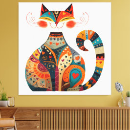 Colorful Folk Art Cat Canvastryck