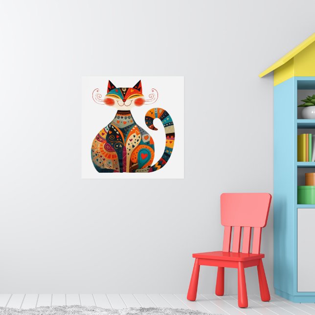Colorful Folk Art Cat Poster (Barnkammare 1)
